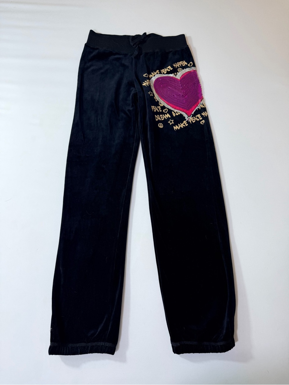 Vintage Youth Large 12-14 Black Bling Sequin Velour Joggers Heart